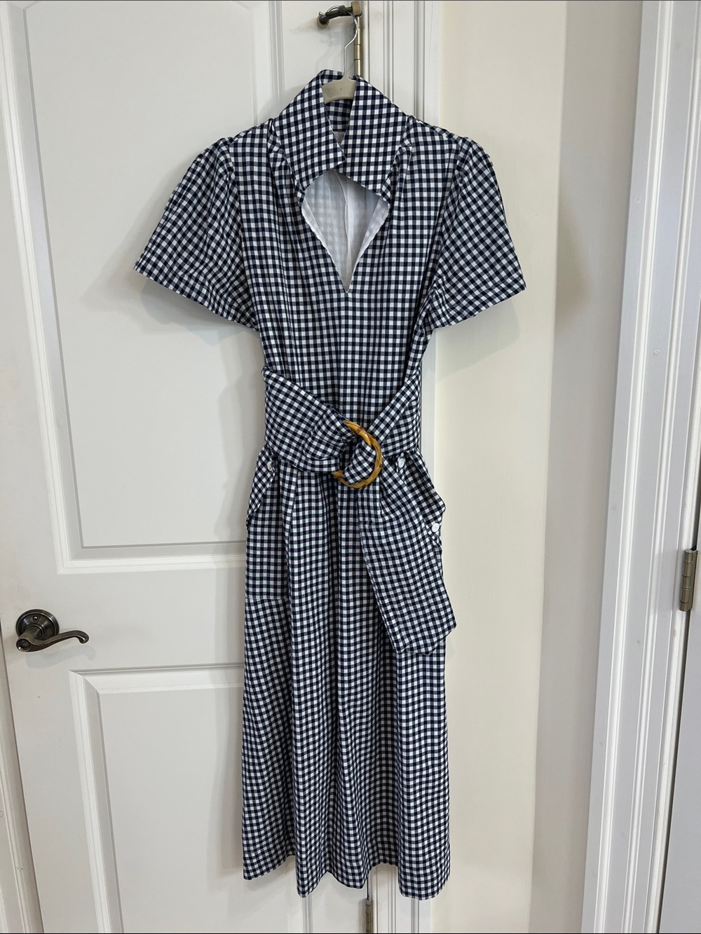 Holly Shae Gingham Belted Midi Dress in Navy/White